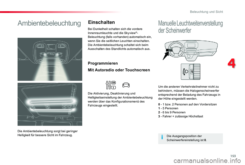TOYOTA PROACE VERSO 2020 Betriebsanleitungen (in German) 153
Proace_Verso_de_Chap04_eclairage-et-visibilite_ed2019_V02
Programmieren
Ambientebeleuchtung
Die Ambientebeleuchtung sorgt bei geringer Helligkeit für bessere Sicht im Fahrzeug.
Bei Dunkelheit sch TOYOTA PROACE VERSO 2020 Betriebsanleitungen (in German) 153
Proace_Verso_de_Chap04_eclairage-et-visibilite_ed2019_V02
Programmieren
Ambientebeleuchtung
Die Ambientebeleuchtung sorgt bei geringer Helligkeit für bessere Sicht im Fahrzeug.
Bei Dunkelheit sch