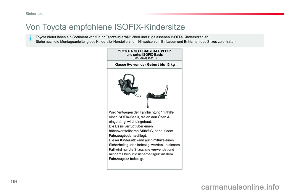 TOYOTA PROACE VERSO 2020 Betriebsanleitungen (in German) 184
Proace_Verso_de_Chap05_securite_ed2019_V02
Von Toyota empfohlene ISOFIX-Kindersitze
Toyota bietet Ihnen ein Sortiment von für Ihr Fahrzeug erhältlichen und zugelassenen ISOFIX-Kindersitzen an.Si TOYOTA PROACE VERSO 2020 Betriebsanleitungen (in German) 184
Proace_Verso_de_Chap05_securite_ed2019_V02
Von Toyota empfohlene ISOFIX-Kindersitze
Toyota bietet Ihnen ein Sortiment von für Ihr Fahrzeug erhältlichen und zugelassenen ISOFIX-Kindersitzen an.Si