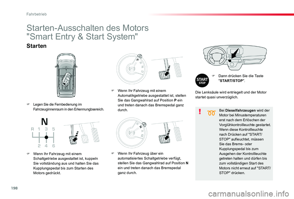 TOYOTA PROACE VERSO 2020  Betriebsanleitungen (in German) 198
Proace_Verso_de_Chap06_conduite_ed2019_V02
Bei Dieselfahrzeugen wird der Motor bei Minustemperaturen erst nach dem Erlöschen der Vorglühkontrollleuchte gestartet.Wenn diese Kontrollleuchte nach 