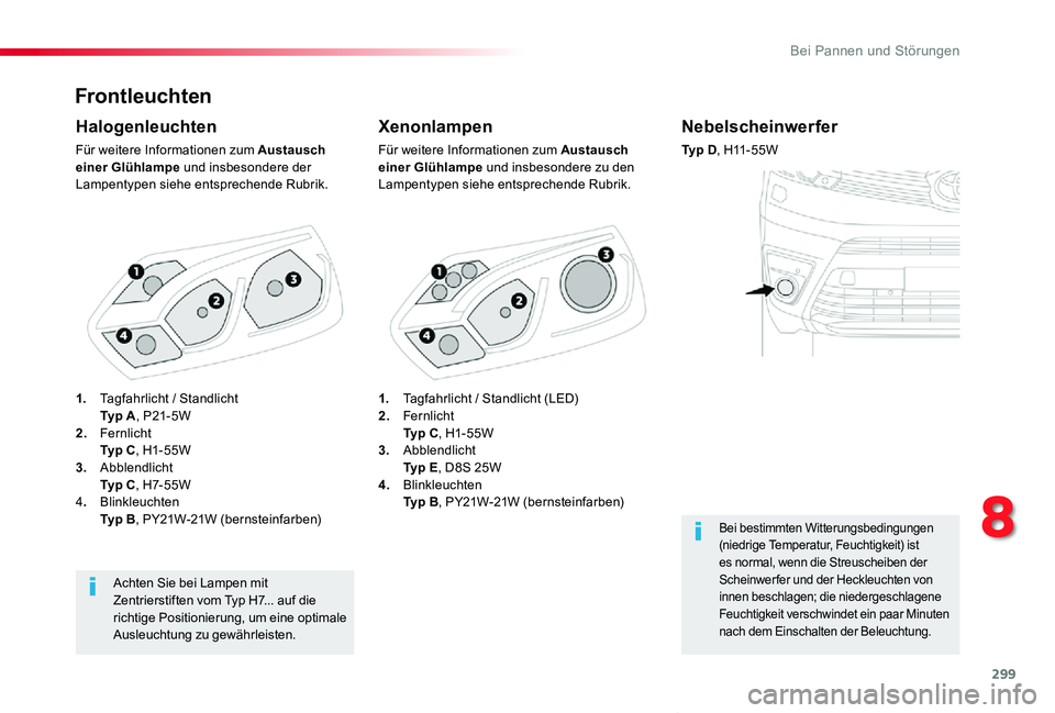 TOYOTA PROACE VERSO 2020 Betriebsanleitungen (in German) 299
Proace_Verso_de_Chap08_En-cas-de-panne_ed2019_V02
Frontleuchten
Xenonlampen
Für weitere Informationen zum Austausch einer Glühlampe und insbesondere zu den Lampentypen siehe entsprechende Rubrik TOYOTA PROACE VERSO 2020 Betriebsanleitungen (in German) 299
Proace_Verso_de_Chap08_En-cas-de-panne_ed2019_V02
Frontleuchten
Xenonlampen
Für weitere Informationen zum Austausch einer Glühlampe und insbesondere zu den Lampentypen siehe entsprechende Rubrik