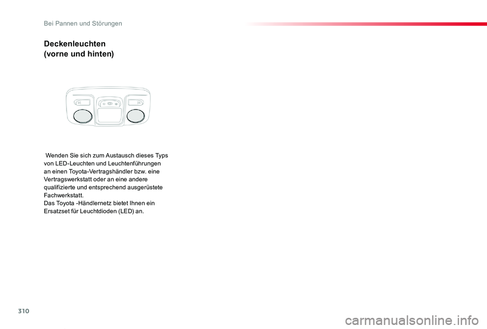 TOYOTA PROACE VERSO 2020 Betriebsanleitungen (in German) 310
Proace_Verso_de_Chap08_En-cas-de-panne_ed2019_V02
Deckenleuchten
(vorne und hinten)
Wenden Sie sich zum Austausch dieses Typs von LED-Leuchten und Leuchtenführungen an einen Toyota-Vertragshänd TOYOTA PROACE VERSO 2020 Betriebsanleitungen (in German) 310
Proace_Verso_de_Chap08_En-cas-de-panne_ed2019_V02
Deckenleuchten
(vorne und hinten)
Wenden Sie sich zum Austausch dieses Typs von LED-Leuchten und Leuchtenführungen an einen Toyota-Vertragshänd