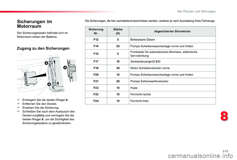 TOYOTA PROACE VERSO 2020 Betriebsanleitungen (in German) 315
Proace_Verso_de_Chap08_En-cas-de-panne_ed2019_V02
Sicherungen im
Motorraum
F Entriegeln Sie die beiden Riegel A.F Entfernen Sie den Deckel.F Ersetzen Sie die Sicherung.F Schließen Sie nach dem TOYOTA PROACE VERSO 2020 Betriebsanleitungen (in German) 315
Proace_Verso_de_Chap08_En-cas-de-panne_ed2019_V02
Sicherungen im
Motorraum
F Entriegeln Sie die beiden Riegel A.F Entfernen Sie den Deckel.F Ersetzen Sie die Sicherung.F Schließen Sie nach dem