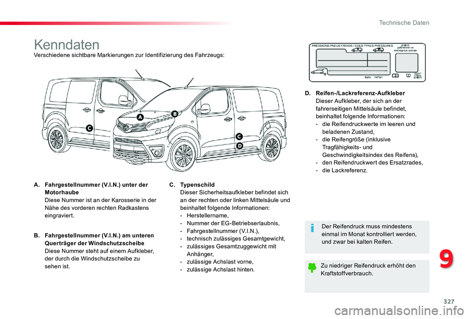 TOYOTA PROACE VERSO 2020 Betriebsanleitungen (in German) 327
Proace_Verso_de_Chap09_caracteristiques-techniques_ed2019_V02
KenndatenVerschiedene sichtbare Markierungen zur Identifizierung des Fahrzeugs:
A. Fahrgestellnummer (V.I.N.) unter der Motorhaube Di TOYOTA PROACE VERSO 2020 Betriebsanleitungen (in German) 327
Proace_Verso_de_Chap09_caracteristiques-techniques_ed2019_V02
KenndatenVerschiedene sichtbare Markierungen zur Identifizierung des Fahrzeugs:
A. Fahrgestellnummer (V.I.N.) unter der Motorhaube Di