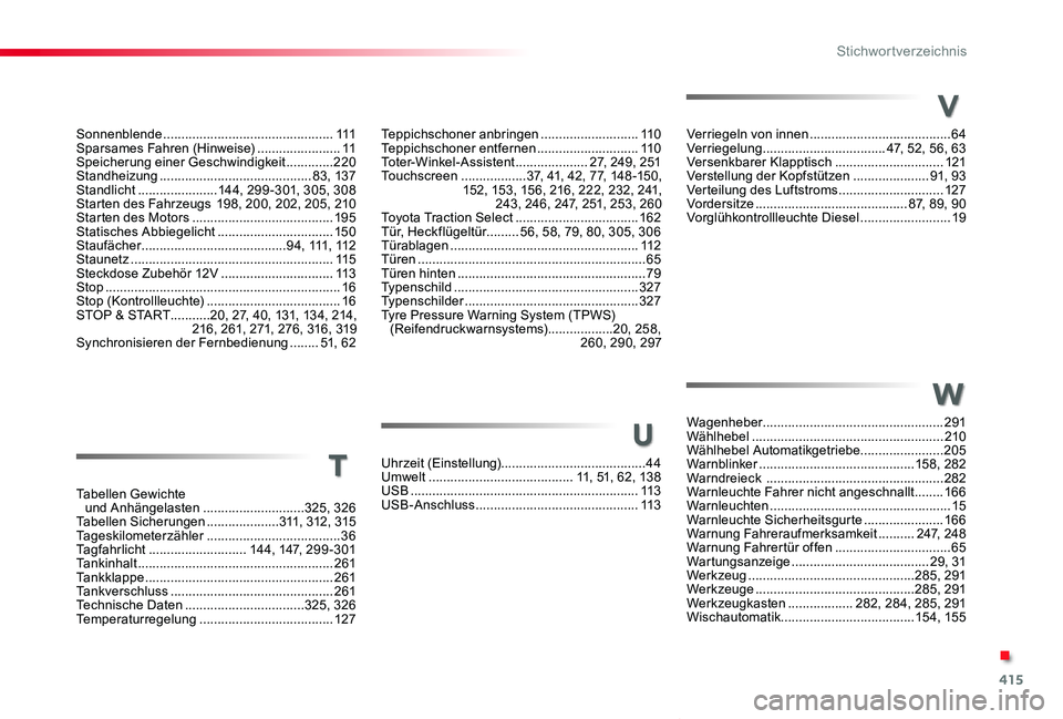 TOYOTA PROACE VERSO 2020  Betriebsanleitungen (in German) 415
Proace_Verso_de_Chap11_index-alpha_ed2019_V02
Teppichschoner anbringen ...........................11 0Teppichschoner entfernen ............................11 0Toter-Winkel-Assistent ..............