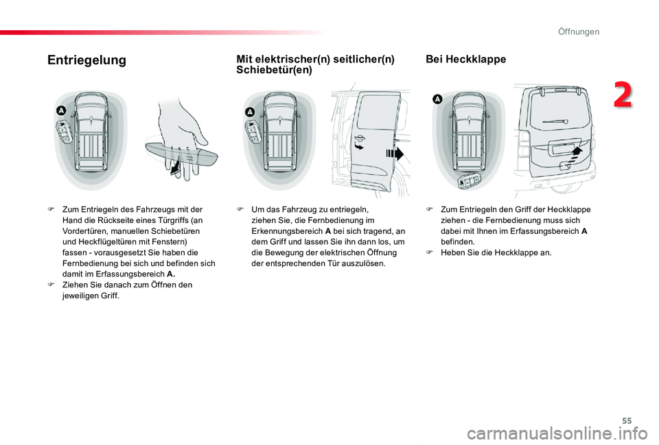 TOYOTA PROACE VERSO 2020 Betriebsanleitungen (in German) 55
Proace_Verso_de_Chap02_ouvertures_ed2019_V02
Entriegelung
F Zum Entriegeln des Fahrzeugs mit der Hand die Rückseite eines Türgriffs (an Vordertüren, manuellen Schiebetüren und Heckflügeltüren TOYOTA PROACE VERSO 2020 Betriebsanleitungen (in German) 55
Proace_Verso_de_Chap02_ouvertures_ed2019_V02
Entriegelung
F Zum Entriegeln des Fahrzeugs mit der Hand die Rückseite eines Türgriffs (an Vordertüren, manuellen Schiebetüren und Heckflügeltüren