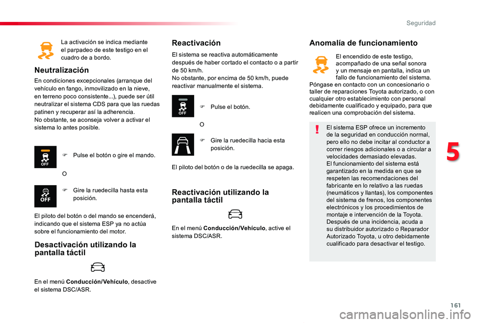 TOYOTA PROACE VERSO 2020 Manuale de Empleo (in Spanish) 161
ProaceVerso_es_Chap05_securite_ed2019_V02
La activación se indica mediante el parpadeo de este testigo en el cuadro de a bordo.
Neutralización
En condiciones excepcionales (arranque del vehícul TOYOTA PROACE VERSO 2020 Manuale de Empleo (in Spanish) 161
ProaceVerso_es_Chap05_securite_ed2019_V02
La activación se indica mediante el parpadeo de este testigo en el cuadro de a bordo.
Neutralización
En condiciones excepcionales (arranque del vehícul