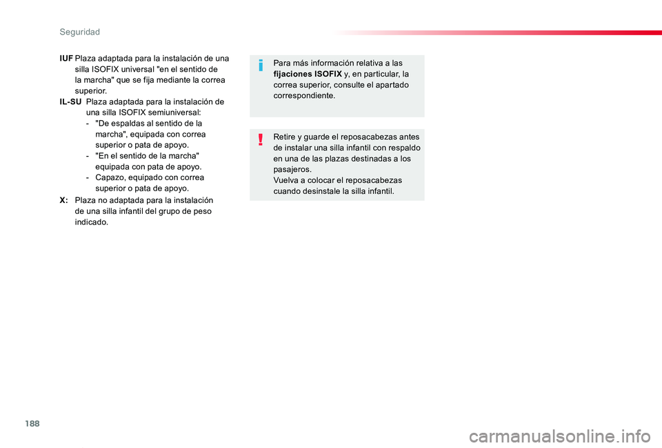 TOYOTA PROACE VERSO 2020  Manuale de Empleo (in Spanish) 188
ProaceVerso_es_Chap05_securite_ed2019_V02
IUF Plaza adaptada para la instalación de una silla ISOFIX universal "en el sentido de la marcha" que se fija mediante la correa superior.IL- SU 