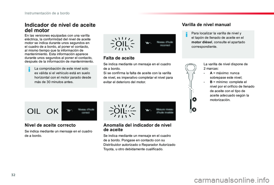 TOYOTA PROACE VERSO 2020 Manuale de Empleo (in Spanish) 32
ProaceVerso_es_Chap01_instruments-de-bord_ed2019_V02
Indicador de nivel de aceite
del motor
En las versiones equipadas con una varilla eléctrica, la conformidad del nivel de aceite motor se indic TOYOTA PROACE VERSO 2020 Manuale de Empleo (in Spanish) 32
ProaceVerso_es_Chap01_instruments-de-bord_ed2019_V02
Indicador de nivel de aceite
del motor
En las versiones equipadas con una varilla eléctrica, la conformidad del nivel de aceite motor se indic