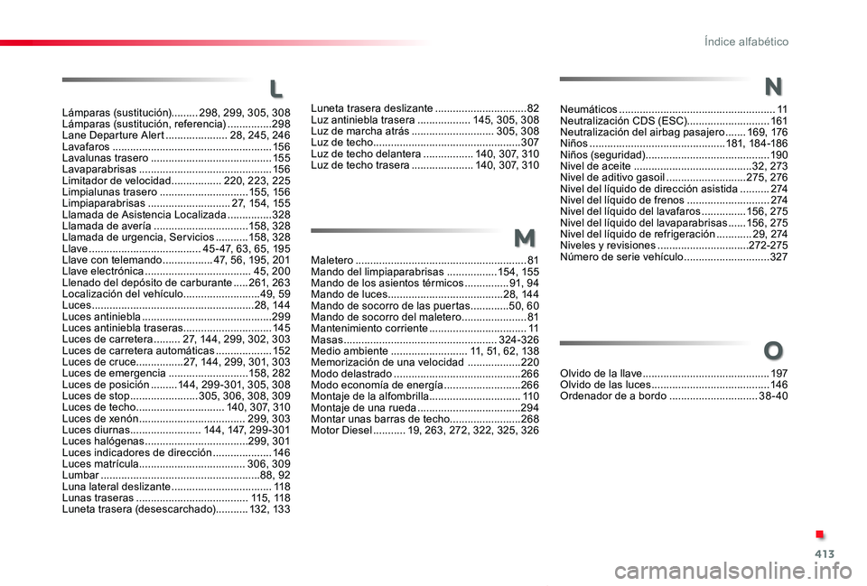 TOYOTA PROACE VERSO 2020 Manuale de Empleo (in Spanish) 413
ProaceVerso_es_Chap11_index-alpha_ed2019_V02
Lámparas (sustitución).........298, 299, 305, 308Lámparas (sustitución, referencia) ...............298Lane Departure Alert .....................28, TOYOTA PROACE VERSO 2020 Manuale de Empleo (in Spanish) 413
ProaceVerso_es_Chap11_index-alpha_ed2019_V02
Lámparas (sustitución).........298, 299, 305, 308Lámparas (sustitución, referencia) ...............298Lane Departure Alert .....................28,