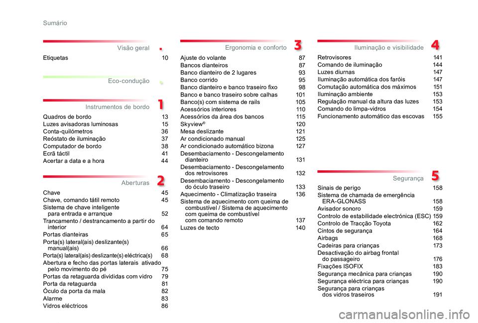 TOYOTA PROACE VERSO 2020 Manual de utilização (in Portuguese) .
.
ProaceVerso_pt_Chap00a_sommaire_ed2019_V02
Visão geral
Quadros de bordo 13Luzes avisadoras luminosas 15Conta-quilómetros 36Reóstato de iluminação 37Computador de bordo 38Ecrã táctil 41Ac TOYOTA PROACE VERSO 2020 Manual de utilização (in Portuguese) .
.
ProaceVerso_pt_Chap00a_sommaire_ed2019_V02
Visão geral
Quadros de bordo 13Luzes avisadoras luminosas 15Conta-quilómetros 36Reóstato de iluminação 37Computador de bordo 38Ecrã táctil 41Ac