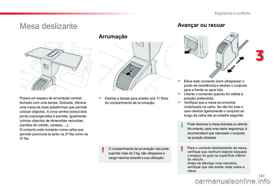 TOYOTA PROACE VERSO 2020 Manual de utilização (in Portuguese) 121
ProaceVerso_pt_Chap03_ergonomie-et-confort_ed2019_V02
Mesa deslizante
Arrumação
Para o correcto deslizamento da mesa, verifique que nenhum objecto bloqueia o espaço do guia na super fície infe TOYOTA PROACE VERSO 2020 Manual de utilização (in Portuguese) 121
ProaceVerso_pt_Chap03_ergonomie-et-confort_ed2019_V02
Mesa deslizante
Arrumação
Para o correcto deslizamento da mesa, verifique que nenhum objecto bloqueia o espaço do guia na super fície infe