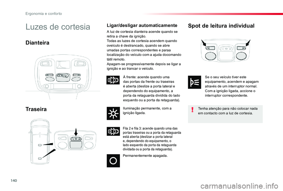 TOYOTA PROACE VERSO 2020 Manual de utilização (in Portuguese) 140
ProaceVerso_pt_Chap03_ergonomie-et-confort_ed2019_V02
Spot de leitura individual
Traseira
Luzes de cortesiaLigar/desligar automaticamente
A luz de cortesia dianteira acende quando se retira a chav TOYOTA PROACE VERSO 2020 Manual de utilização (in Portuguese) 140
ProaceVerso_pt_Chap03_ergonomie-et-confort_ed2019_V02
Spot de leitura individual
Traseira
Luzes de cortesiaLigar/desligar automaticamente
A luz de cortesia dianteira acende quando se retira a chav