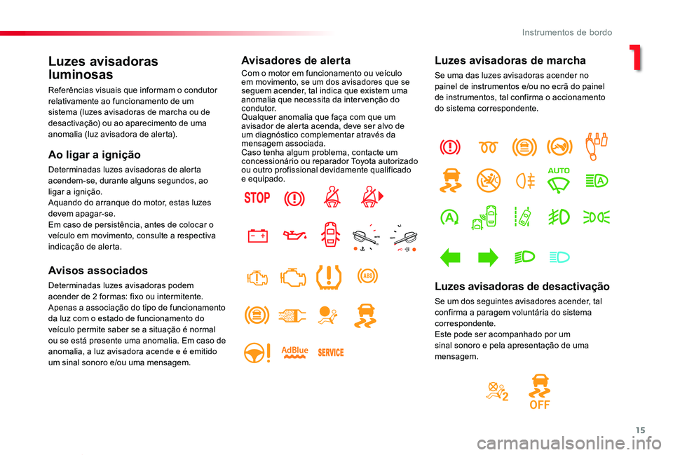 TOYOTA PROACE VERSO 2020  Manual de utilização (in Portuguese) 15
ProaceVerso_pt_Chap01_instruments-de-bord_ed2019_V02
Luzes avisadoras 
luminosas
Referências visuais que informam o condutor relativamente ao funcionamento de um sistema (luzes avisadoras de march