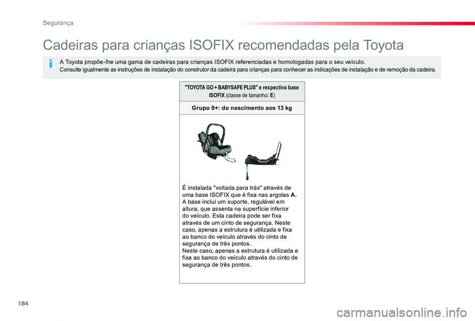 TOYOTA PROACE VERSO 2020 Manual de utilização (in Portuguese) 184
ProaceVerso_pt_Chap05_securite_ed2019_V02
Cadeiras para crianças ISOFIX recomendadas pela Toyota
A Toyota propõe-lhe uma gama de cadeiras para crianças ISOFIX referenciadas e homologadas para o TOYOTA PROACE VERSO 2020 Manual de utilização (in Portuguese) 184
ProaceVerso_pt_Chap05_securite_ed2019_V02
Cadeiras para crianças ISOFIX recomendadas pela Toyota
A Toyota propõe-lhe uma gama de cadeiras para crianças ISOFIX referenciadas e homologadas para o