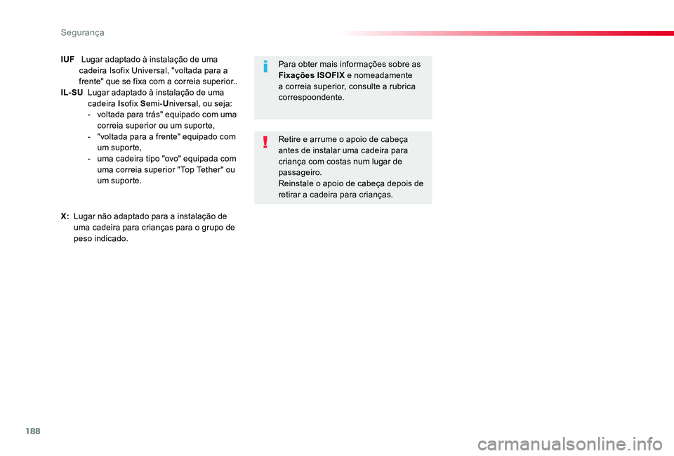 TOYOTA PROACE VERSO 2020 Manual de utilização (in Portuguese) 188
ProaceVerso_pt_Chap05_securite_ed2019_V02
IUF Lugar adaptado à instalação de uma cadeira Isofix Universal, "voltada para a frente" que se fixa com a correia superior..IL- SU Lugar TOYOTA PROACE VERSO 2020 Manual de utilização (in Portuguese) 188
ProaceVerso_pt_Chap05_securite_ed2019_V02
IUF Lugar adaptado à instalação de uma cadeira Isofix Universal, "voltada para a frente" que se fixa com a correia superior..IL- SU Lugar