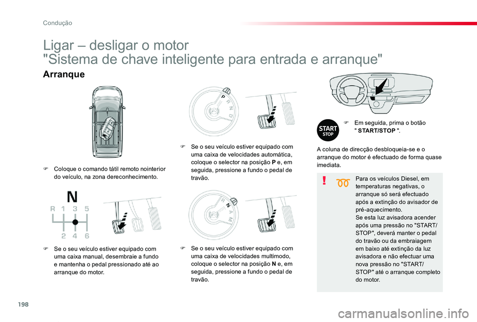 TOYOTA PROACE VERSO 2020 Manual de utilização (in Portuguese) 198
ProaceVerso_pt_Chap06_conduite_ed2019_V02
Para os veículos Diesel, em temperaturas negativas, o arranque só será efectuado após a extinção do avisador de pré-aquecimento.Se esta luz avisado TOYOTA PROACE VERSO 2020 Manual de utilização (in Portuguese) 198
ProaceVerso_pt_Chap06_conduite_ed2019_V02
Para os veículos Diesel, em temperaturas negativas, o arranque só será efectuado após a extinção do avisador de pré-aquecimento.Se esta luz avisado