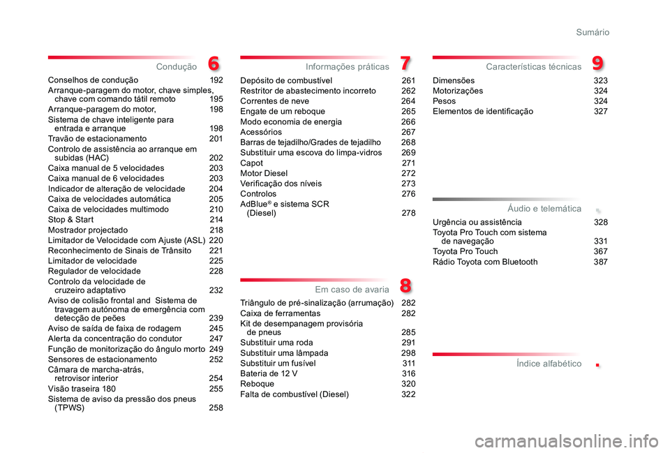 TOYOTA PROACE VERSO 2020  Manual de utilização (in Portuguese) .
.
ProaceVerso_pt_Chap00a_sommaire_ed2019_V02
Conselhos de condução 192Arranque-paragem do motor, chave simples, chave com comando tátil remoto 195Arranque-paragem do motor,  198Sistema de chave i
