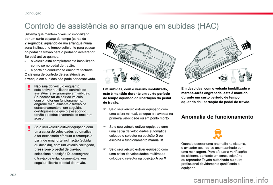 TOYOTA PROACE VERSO 2020 Manual de utilização (in Portuguese) 202
ProaceVerso_pt_Chap06_conduite_ed2019_V02
Controlo de assistência ao arranque em subidas (HAC)
Sistema que mantém o veículo imobilizado por um curto espaço de tempo (cerca de 2 segundos) aquan TOYOTA PROACE VERSO 2020 Manual de utilização (in Portuguese) 202
ProaceVerso_pt_Chap06_conduite_ed2019_V02
Controlo de assistência ao arranque em subidas (HAC)
Sistema que mantém o veículo imobilizado por um curto espaço de tempo (cerca de 2 segundos) aquan
