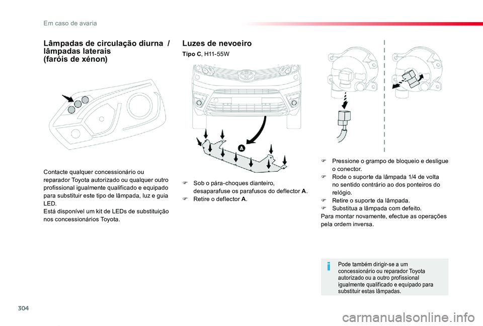 TOYOTA PROACE VERSO 2020 Manual de utilização (in Portuguese) 304
ProaceVerso_pt_Chap08_En-cas-de-panne_ed2019_V02
Luzes de nevoeiro
Tipo C, H11 - 5 5 W
F Pressione o grampo de bloqueio e desligue o conector.F Rode o suporte da lâmpada 1/4 de volta no sentido TOYOTA PROACE VERSO 2020 Manual de utilização (in Portuguese) 304
ProaceVerso_pt_Chap08_En-cas-de-panne_ed2019_V02
Luzes de nevoeiro
Tipo C, H11 - 5 5 W
F Pressione o grampo de bloqueio e desligue o conector.F Rode o suporte da lâmpada 1/4 de volta no sentido