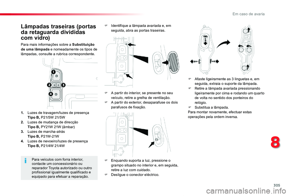 TOYOTA PROACE VERSO 2020 Manual de utilização (in Portuguese) 305
ProaceVerso_pt_Chap08_En-cas-de-panne_ed2019_V02
Lâmpadas traseiras (portas
da retaguarda divididas
com vidro)
Para mais informações sobre a Substituição de uma lâmpada e nomeadamente os t TOYOTA PROACE VERSO 2020 Manual de utilização (in Portuguese) 305
ProaceVerso_pt_Chap08_En-cas-de-panne_ed2019_V02
Lâmpadas traseiras (portas
da retaguarda divididas
com vidro)
Para mais informações sobre a Substituição de uma lâmpada e nomeadamente os t