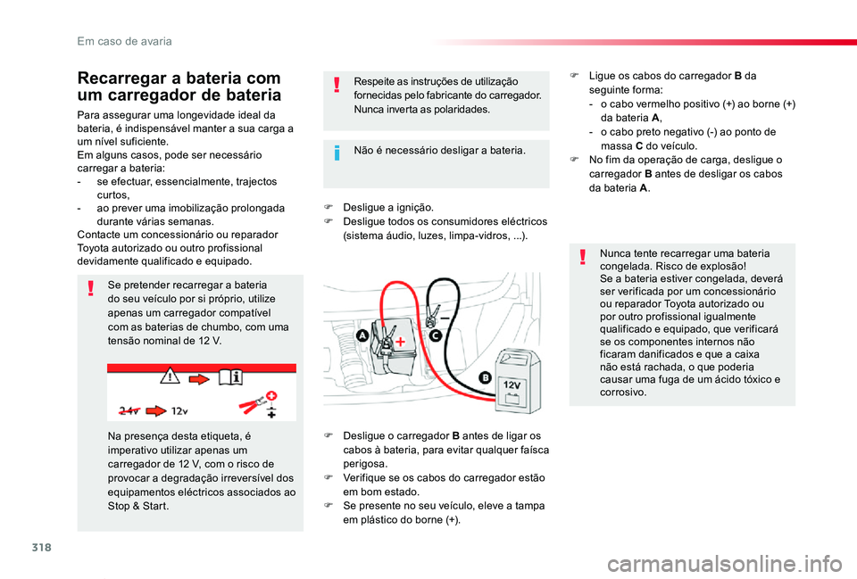 TOYOTA PROACE VERSO 2020 Manual de utilização (in Portuguese) 318
ProaceVerso_pt_Chap08_En-cas-de-panne_ed2019_V02
Para assegurar uma longevidade ideal da bateria, é indispensável manter a sua carga a um nível suficiente.Em alguns casos, pode ser necessário TOYOTA PROACE VERSO 2020 Manual de utilização (in Portuguese) 318
ProaceVerso_pt_Chap08_En-cas-de-panne_ed2019_V02
Para assegurar uma longevidade ideal da bateria, é indispensável manter a sua carga a um nível suficiente.Em alguns casos, pode ser necessário