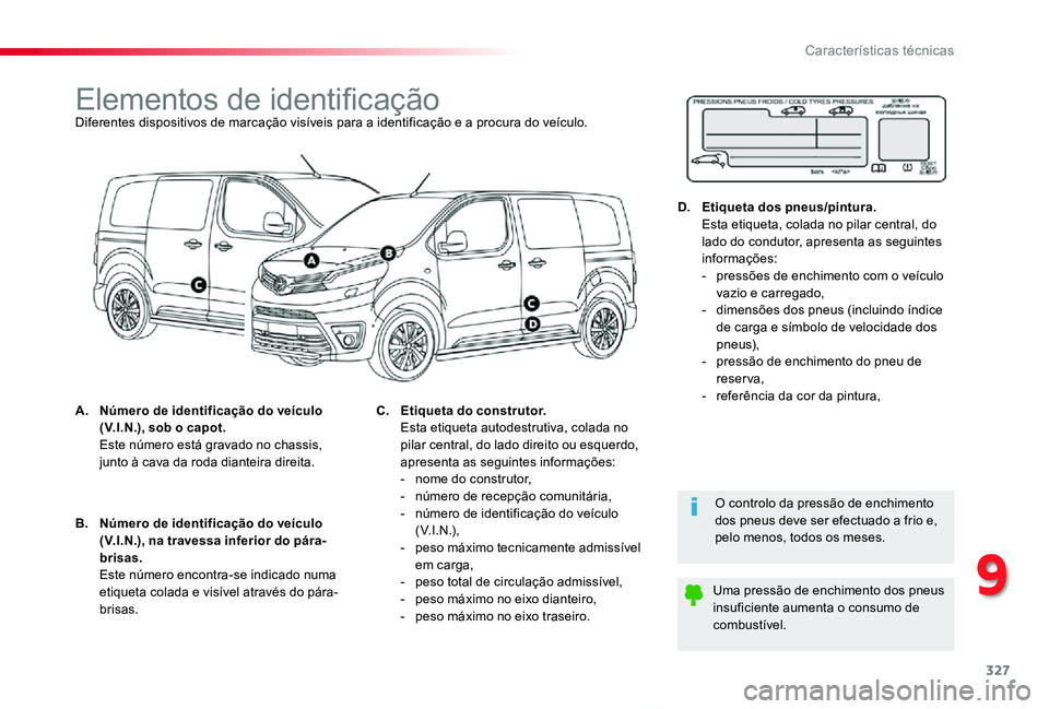 TOYOTA PROACE VERSO 2020 Manual de utilização (in Portuguese) 327
ProaceVerso_pt_Chap09_caracteristiques-techniques_ed2019_V02
Elementos de identificaçãoDiferentes dispositivos de marcação visíveis para a identificação e a procura do veículo.
A. Número TOYOTA PROACE VERSO 2020 Manual de utilização (in Portuguese) 327
ProaceVerso_pt_Chap09_caracteristiques-techniques_ed2019_V02
Elementos de identificaçãoDiferentes dispositivos de marcação visíveis para a identificação e a procura do veículo.
A. Número
