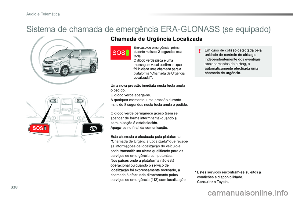 TOYOTA PROACE VERSO 2020 Manual de utilização (in Portuguese) 328
ProaceVerso_pt_Chap10a_BTA_ed2019_V02
Sistema de chamada de emergência ERA-GLONASS (se equipado)
Em caso de colisão detectada pela unidade de controlo do airbag e independentemente dos eventuais TOYOTA PROACE VERSO 2020 Manual de utilização (in Portuguese) 328
ProaceVerso_pt_Chap10a_BTA_ed2019_V02
Sistema de chamada de emergência ERA-GLONASS (se equipado)
Em caso de colisão detectada pela unidade de controlo do airbag e independentemente dos eventuais