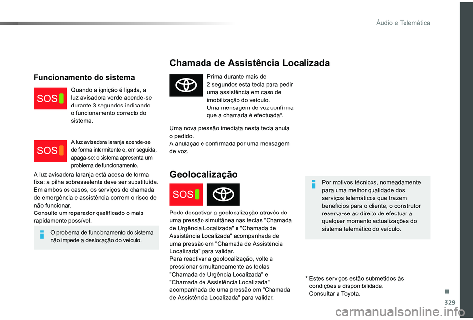 TOYOTA PROACE VERSO 2020 Manual de utilização (in Portuguese) 329
ProaceVerso_pt_Chap10a_BTA_ed2019_V02
Chamada de Assistência Localizada
Por motivos técnicos, nomeadamente para uma melhor qualidade dos serviços telemáticos que trazem benefícios para o clie TOYOTA PROACE VERSO 2020 Manual de utilização (in Portuguese) 329
ProaceVerso_pt_Chap10a_BTA_ed2019_V02
Chamada de Assistência Localizada
Por motivos técnicos, nomeadamente para uma melhor qualidade dos serviços telemáticos que trazem benefícios para o clie