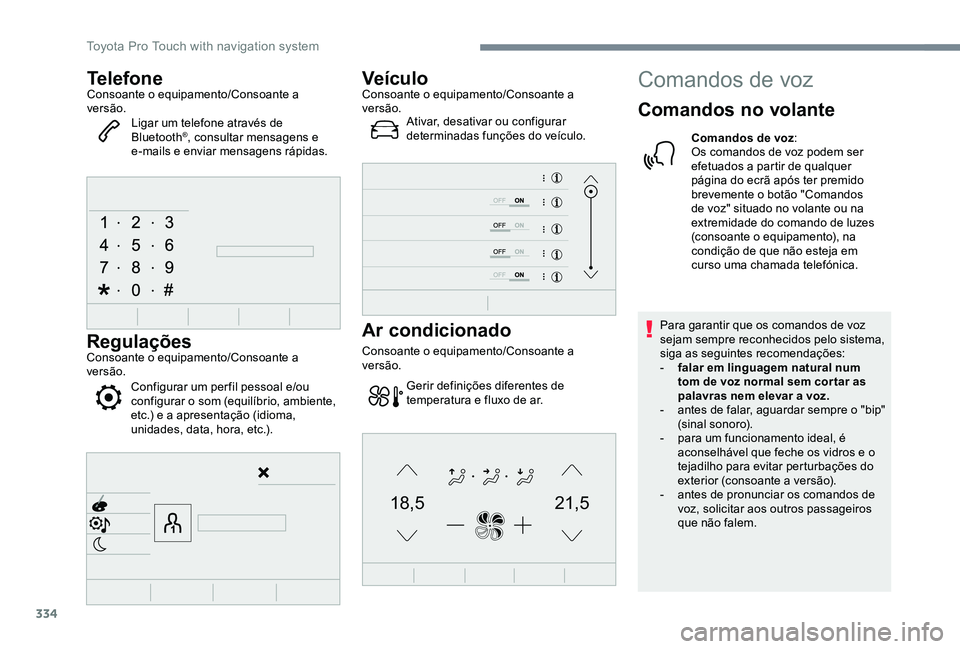 TOYOTA PROACE VERSO 2020 Manual de utilização (in Portuguese) 334
21,518,5
TelefoneConsoante o equipamento/Consoante a versão.Ligar um telefone através de Bluetooth®, consultar mensagens e e-mails e enviar mensagens rápidas.
RegulaçõesConsoante o equipamen TOYOTA PROACE VERSO 2020 Manual de utilização (in Portuguese) 334
21,518,5
TelefoneConsoante o equipamento/Consoante a versão.Ligar um telefone através de Bluetooth®, consultar mensagens e e-mails e enviar mensagens rápidas.
RegulaçõesConsoante o equipamen