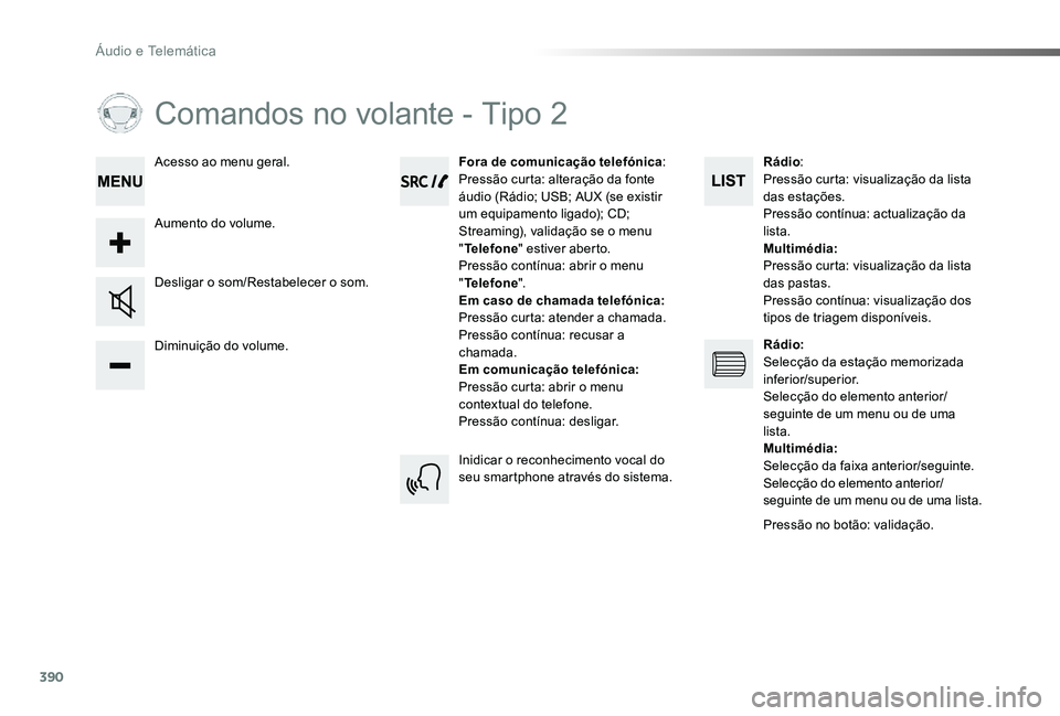 TOYOTA PROACE VERSO 2020 Manual de utilização (in Portuguese) 390
ProaceVerso_pt_Chap10d_RD6_ed2019_V02
Comandos no volante - Tipo 2
Diminuição do volume.
Desligar o som/Restabelecer o som.
Fora de comunicação telefónica:Pressão curta: alteração da fonte TOYOTA PROACE VERSO 2020 Manual de utilização (in Portuguese) 390
ProaceVerso_pt_Chap10d_RD6_ed2019_V02
Comandos no volante - Tipo 2
Diminuição do volume.
Desligar o som/Restabelecer o som.
Fora de comunicação telefónica:Pressão curta: alteração da fonte