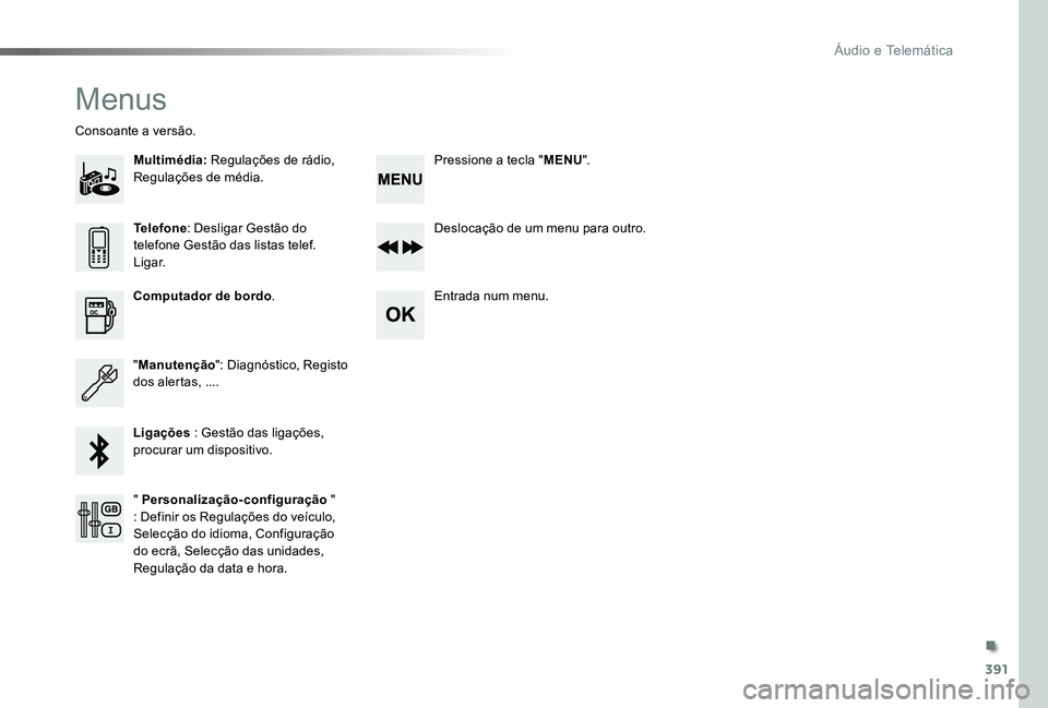 TOYOTA PROACE VERSO 2020 Manual de utilização (in Portuguese) 391
ProaceVerso_pt_Chap10d_RD6_ed2019_V02
Menus
Multimédia: Regulações de rádio, Regulações de média.
Consoante a versão.
Deslocação de um menu para outro.
Entrada num menu.Computador de bor TOYOTA PROACE VERSO 2020 Manual de utilização (in Portuguese) 391
ProaceVerso_pt_Chap10d_RD6_ed2019_V02
Menus
Multimédia: Regulações de rádio, Regulações de média.
Consoante a versão.
Deslocação de um menu para outro.
Entrada num menu.Computador de bor