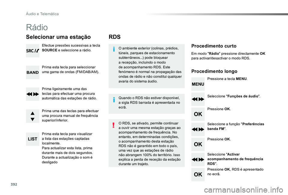 TOYOTA PROACE VERSO 2020 Manual de utilização (in Portuguese) 392
ProaceVerso_pt_Chap10d_RD6_ed2019_V02
RDS
Procedimento curto
Procedimento longo
O ambiente exterior (colinas, prédios, túneis, parques de estacionamento subterrâneos...) pode bloquear a recepç TOYOTA PROACE VERSO 2020 Manual de utilização (in Portuguese) 392
ProaceVerso_pt_Chap10d_RD6_ed2019_V02
RDS
Procedimento curto
Procedimento longo
O ambiente exterior (colinas, prédios, túneis, parques de estacionamento subterrâneos...) pode bloquear a recepç