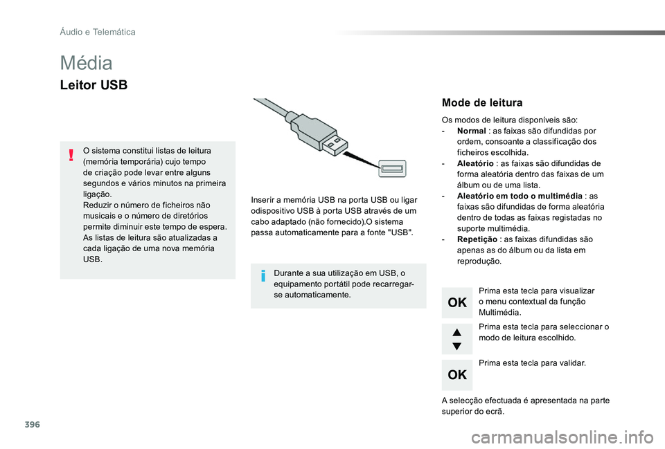 TOYOTA PROACE VERSO 2020 Manual de utilização (in Portuguese) 396
ProaceVerso_pt_Chap10d_RD6_ed2019_V02
Média
Leitor USB
Inserir a memória USB na porta USB ou ligar odispositivo USB à porta USB através de um cabo adaptado (não fornecido).O sistema passa aut TOYOTA PROACE VERSO 2020 Manual de utilização (in Portuguese) 396
ProaceVerso_pt_Chap10d_RD6_ed2019_V02
Média
Leitor USB
Inserir a memória USB na porta USB ou ligar odispositivo USB à porta USB através de um cabo adaptado (não fornecido).O sistema passa aut