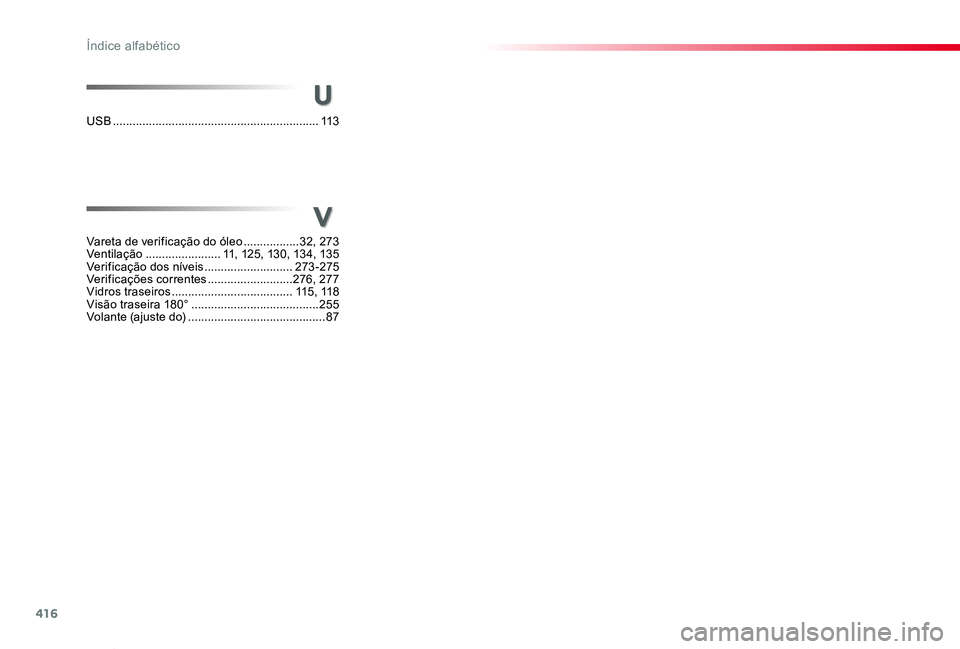 TOYOTA PROACE VERSO 2020 Manual de utilização (in Portuguese) 416
ProaceVerso_pt_Chap11_index-alpha_ed2019_V02
V
Vareta de verificação do óleo .................32, 273Ventilação .......................11, 125, 13 0, 13 4, 13 5Verificação dos níveis .... TOYOTA PROACE VERSO 2020 Manual de utilização (in Portuguese) 416
ProaceVerso_pt_Chap11_index-alpha_ed2019_V02
V
Vareta de verificação do óleo .................32, 273Ventilação .......................11, 125, 13 0, 13 4, 13 5Verificação dos níveis ....