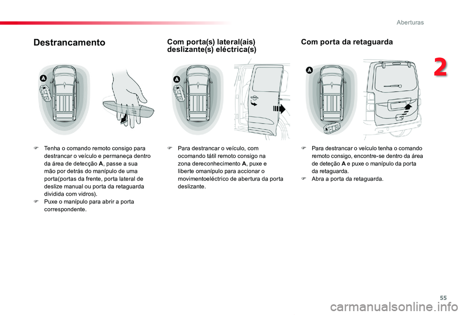 TOYOTA PROACE VERSO 2020 Manual de utilização (in Portuguese) 55
ProaceVerso_pt_Chap02_ouvertures_ed2019_V02
Destrancamento
F Tenha o comando remoto consigo para destrancar o veículo e permaneça dentro da área de detecção A, passe a sua mão por detrás do TOYOTA PROACE VERSO 2020 Manual de utilização (in Portuguese) 55
ProaceVerso_pt_Chap02_ouvertures_ed2019_V02
Destrancamento
F Tenha o comando remoto consigo para destrancar o veículo e permaneça dentro da área de detecção A, passe a sua mão por detrás do