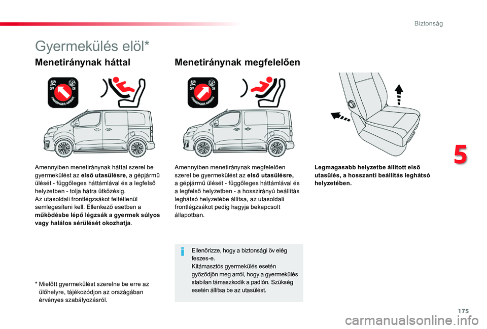 TOYOTA PROACE VERSO 2020  Kezelési útmutató (in Hungarian) 175
Proace verso_hu_Chap05_securite_ed01-2019
Legmagasabb helyzetbe állított első utasülés, a hosszanti beállítás leghátsó helyzetében.
Menetiránynak háttal
Gyermekülés elöl*
Menetirá