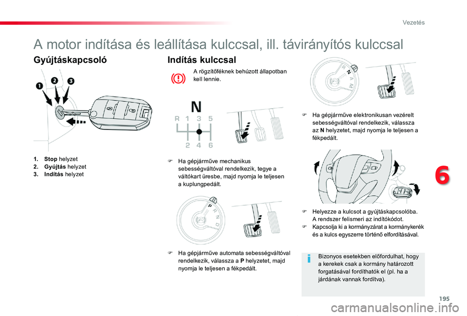 TOYOTA PROACE VERSO 2020 Kezelési útmutató (in Hungarian) 195
Proace verso_hu_Chap06_conduite_ed01-2019
A motor indítása és leállítása kulccsal, ill. távirányítós kulccsal
Gyújtáskapcsoló
1. Stop helyzet2. Gyújtás helyzet3. Indítás helyzet
I TOYOTA PROACE VERSO 2020 Kezelési útmutató (in Hungarian) 195
Proace verso_hu_Chap06_conduite_ed01-2019
A motor indítása és leállítása kulccsal, ill. távirányítós kulccsal
Gyújtáskapcsoló
1. Stop helyzet2. Gyújtás helyzet3. Indítás helyzet
I