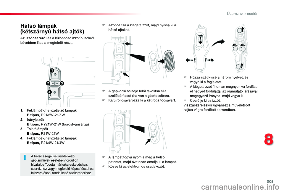 TOYOTA PROACE VERSO 2020 Kezelési útmutató (in Hungarian) 305
Proace verso_hu_Chap08_En-cas-de-panne_ed01-2019
Hátsó lámpák
(kétszárnyú hátsó ajtók)
Az izzócserérÅ‘l és a különbözÅ‘ izzótÃpusokról bÅ‘vebben lásd a megfelelÅ‘ részt.
F A TOYOTA PROACE VERSO 2020 Kezelési útmutató (in Hungarian) 305
Proace verso_hu_Chap08_En-cas-de-panne_ed01-2019
Hátsó lámpák
(kétszárnyú hátsó ajtók)
Az izzócserérÅ‘l és a különbözÅ‘ izzótÃpusokról bÅ‘vebben lásd a megfelelÅ‘ részt.
F A