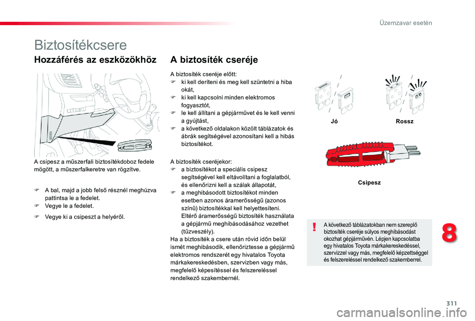 TOYOTA PROACE VERSO 2020  Kezelési útmutató (in Hungarian) 311
Proace verso_hu_Chap08_En-cas-de-panne_ed01-2019
F A bal, majd a jobb felső résznél meghúzva pattintsa le a fedelet.F Vegye le a fedelet.
JóRossz
Csipesz
Hozzáférés az eszközökhöz
F Veg