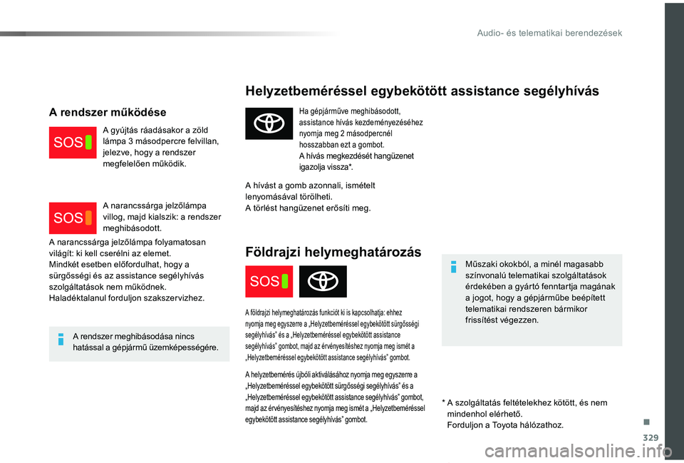 TOYOTA PROACE VERSO 2020 Kezelési útmutató (in Hungarian) 329
Proace verso_hu_Chap10a_BTA_ed01-2019
Helyzetbeméréssel egybekötött assistance segélyhívás
Műszaki okokból, a minél magasabb színvonalú telematikai szolgáltatások érdekében a gyár TOYOTA PROACE VERSO 2020 Kezelési útmutató (in Hungarian) 329
Proace verso_hu_Chap10a_BTA_ed01-2019
Helyzetbeméréssel egybekötött assistance segélyhívás
Műszaki okokból, a minél magasabb színvonalú telematikai szolgáltatások érdekében a gyár
