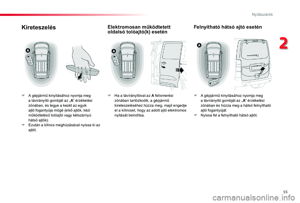 TOYOTA PROACE VERSO 2020  Kezelési útmutató (in Hungarian) 55
Proace verso_hu_Chap02_ouvertures_ed01-2019
Kireteszelés
F A gépjármű kinyitásához nyomja meg a távirányító gombját az „A” érzékelési zónában, és tegye a kezét az egyik ajtó 