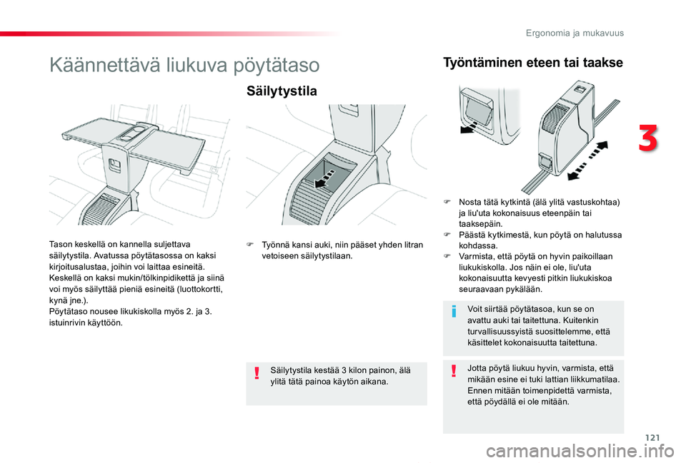 TOYOTA PROACE VERSO 2020 Omistajan Käsikirja (in Finnish) 121
ProaceVerso_fi_Chap03_ergonomie-et-confort_ed01-2019
Käännettävä liukuva pöytätaso
Säilytystila
Jotta pöytä liukuu hyvin, varmista, että mikään esine ei tuki lattian liikkumatilaa.Enne TOYOTA PROACE VERSO 2020 Omistajan Käsikirja (in Finnish) 121
ProaceVerso_fi_Chap03_ergonomie-et-confort_ed01-2019
Käännettävä liukuva pöytätaso
Säilytystila
Jotta pöytä liukuu hyvin, varmista, että mikään esine ei tuki lattian liikkumatilaa.Enne