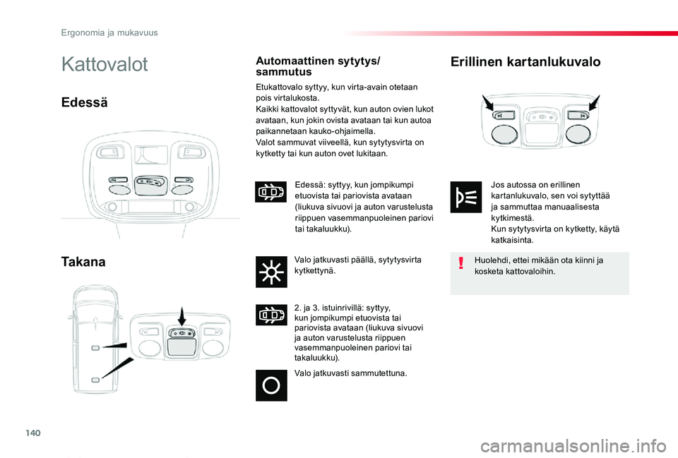 TOYOTA PROACE VERSO 2020 Omistajan Käsikirja (in Finnish) 140
ProaceVerso_fi_Chap03_ergonomie-et-confort_ed01-2019
Erillinen kartanlukuvalo
Ta k a n a
KattovalotAutomaattinen sytytys/sammutus
Etukattovalo syttyy, kun virta-avain otetaan pois virtalukosta.Kai TOYOTA PROACE VERSO 2020 Omistajan Käsikirja (in Finnish) 140
ProaceVerso_fi_Chap03_ergonomie-et-confort_ed01-2019
Erillinen kartanlukuvalo
Ta k a n a
KattovalotAutomaattinen sytytys/sammutus
Etukattovalo syttyy, kun virta-avain otetaan pois virtalukosta.Kai