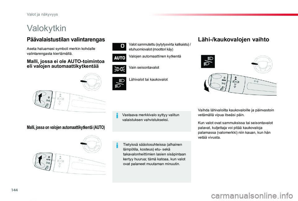 TOYOTA PROACE VERSO 2020 Omistajan Käsikirja (in Finnish) 144
ProaceVerso_fi_Chap04_eclairage-et-visibilite_ed01-2019
Malli, jossa ei ole AUTO-toimintoa eli valojen automaattikytkentää
Malli, jossa on valojen automaattikytkentä (AUTO)
Päävalaistustilan TOYOTA PROACE VERSO 2020 Omistajan Käsikirja (in Finnish) 144
ProaceVerso_fi_Chap04_eclairage-et-visibilite_ed01-2019
Malli, jossa ei ole AUTO-toimintoa eli valojen automaattikytkentää
Malli, jossa on valojen automaattikytkentä (AUTO)
Päävalaistustilan