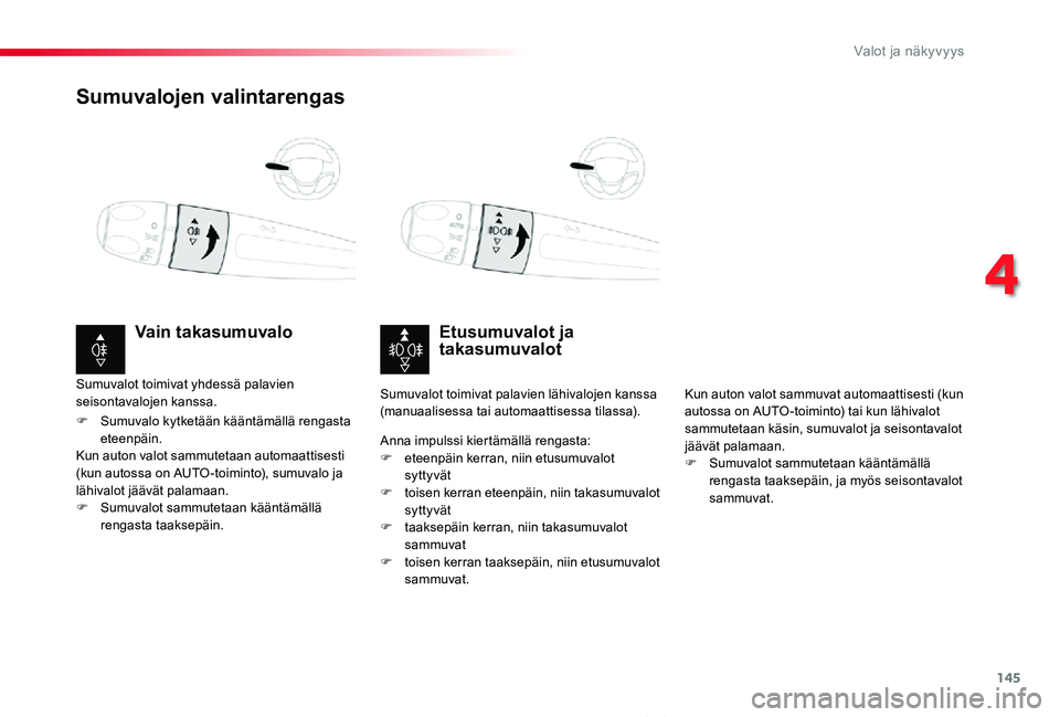 TOYOTA PROACE VERSO 2020 Omistajan Käsikirja (in Finnish) 145
ProaceVerso_fi_Chap04_eclairage-et-visibilite_ed01-2019
Sumuvalojen valintarengas
Etusumuvalot ja takasumuvalotVain takasumuvalo
F Sumuvalo kytketään kääntämällä rengasta eteenpäin.Kun aut TOYOTA PROACE VERSO 2020 Omistajan Käsikirja (in Finnish) 145
ProaceVerso_fi_Chap04_eclairage-et-visibilite_ed01-2019
Sumuvalojen valintarengas
Etusumuvalot ja takasumuvalotVain takasumuvalo
F Sumuvalo kytketään kääntämällä rengasta eteenpäin.Kun aut