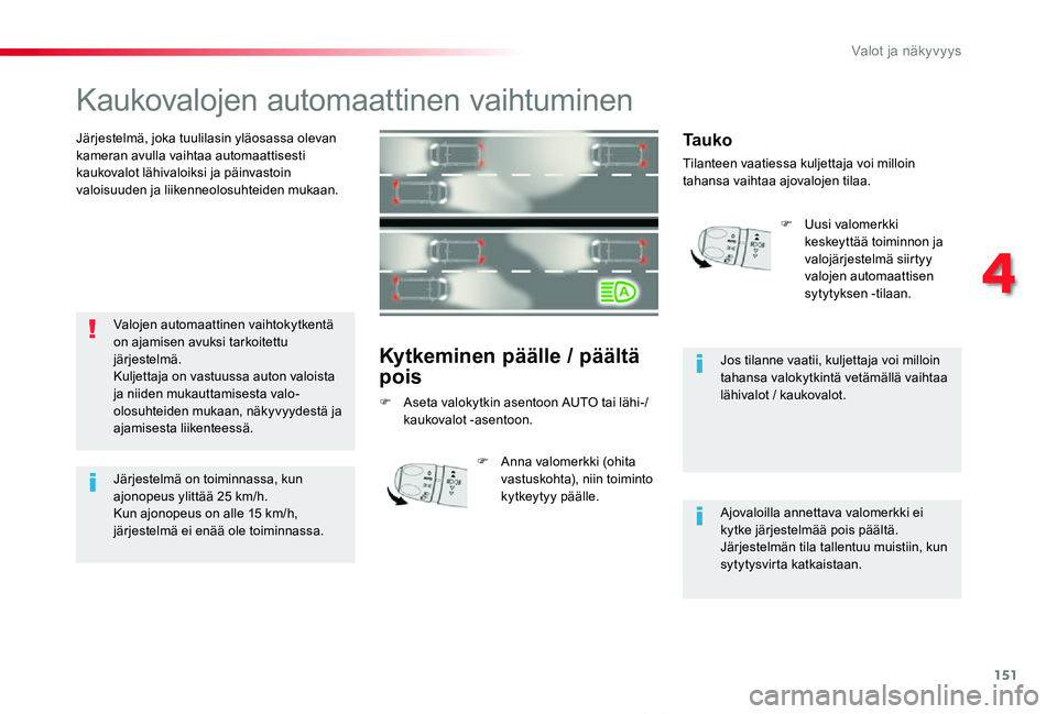 TOYOTA PROACE VERSO 2020 Omistajan Käsikirja (in Finnish) 151
ProaceVerso_fi_Chap04_eclairage-et-visibilite_ed01-2019
Kaukovalojen automaattinen vaihtuminen
Järjestelmä, joka tuulilasin yläosassa olevan kameran avulla vaihtaa automaattisesti kaukovalot là TOYOTA PROACE VERSO 2020 Omistajan Käsikirja (in Finnish) 151
ProaceVerso_fi_Chap04_eclairage-et-visibilite_ed01-2019
Kaukovalojen automaattinen vaihtuminen
Järjestelmä, joka tuulilasin yläosassa olevan kameran avulla vaihtaa automaattisesti kaukovalot lÃ