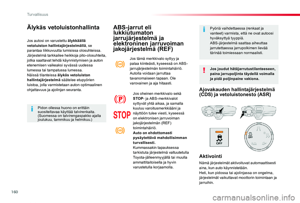 TOYOTA PROACE VERSO 2020 Omistajan Käsikirja (in Finnish) 160
ProaceVerso_fi_Chap05_securite_ed01-2019
ABS-jarrut eli
lukkiutumaton
jarrujärjestelmä ja
elektroninen jarruvoiman
jakojärjestelmä (REF)
Jos joudut hätäjarrutustilanteeseen, paina jarrup TOYOTA PROACE VERSO 2020 Omistajan Käsikirja (in Finnish) 160
ProaceVerso_fi_Chap05_securite_ed01-2019
ABS-jarrut eli
lukkiutumaton
jarrujärjestelmä ja
elektroninen jarruvoiman
jakojärjestelmä (REF)
Jos joudut hätäjarrutustilanteeseen, paina jarrup