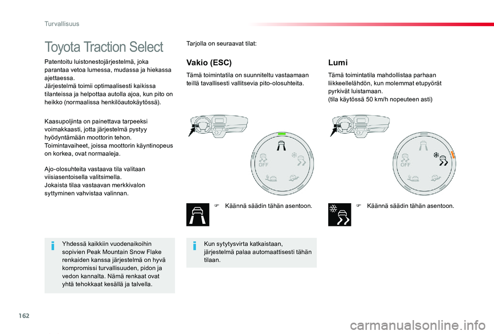 TOYOTA PROACE VERSO 2020 Omistajan Käsikirja (in Finnish) 162
ProaceVerso_fi_Chap05_securite_ed01-2019
Toyota Traction Select
Patentoitu luistonestojärjestelmä, joka parantaa vetoa lumessa, mudassa ja hiekassa ajettaessa.Järjestelmä toimii optimaalisesti TOYOTA PROACE VERSO 2020 Omistajan Käsikirja (in Finnish) 162
ProaceVerso_fi_Chap05_securite_ed01-2019
Toyota Traction Select
Patentoitu luistonestojärjestelmä, joka parantaa vetoa lumessa, mudassa ja hiekassa ajettaessa.Järjestelmä toimii optimaalisesti