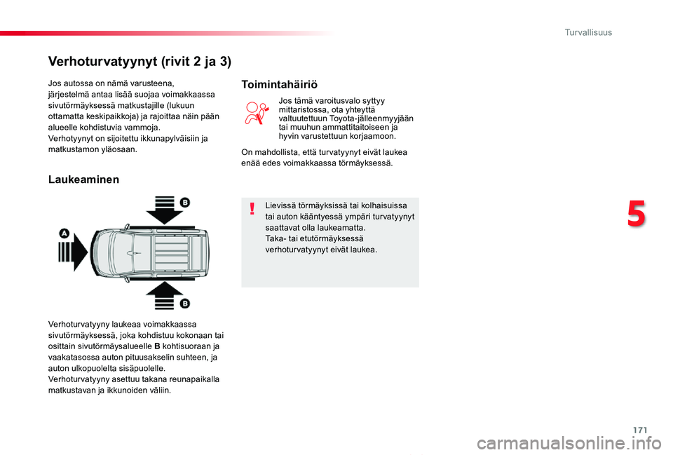 TOYOTA PROACE VERSO 2020 Omistajan Käsikirja (in Finnish) 171
ProaceVerso_fi_Chap05_securite_ed01-2019
Jos autossa on nämä varusteena, järjestelmä antaa lisää suojaa voimakkaassa sivutörmäyksessä matkustajille (lukuun ottamatta keskipaikkoja) ja raj TOYOTA PROACE VERSO 2020 Omistajan Käsikirja (in Finnish) 171
ProaceVerso_fi_Chap05_securite_ed01-2019
Jos autossa on nämä varusteena, järjestelmä antaa lisää suojaa voimakkaassa sivutörmäyksessä matkustajille (lukuun ottamatta keskipaikkoja) ja raj