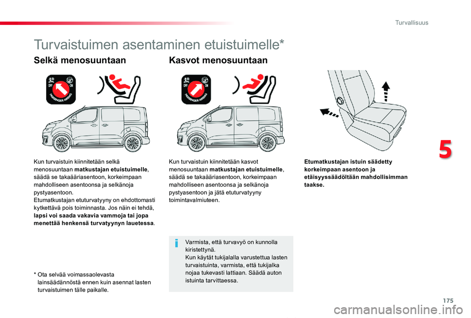 TOYOTA PROACE VERSO 2020 Omistajan Käsikirja (in Finnish) 175
ProaceVerso_fi_Chap05_securite_ed01-2019
Etumatkustajan istuin säädetty korkeimpaan asentoon ja etäisyyssäädöltään mahdollisimman taakse.
Selkä menosuuntaan
Turvaistuimen asentaminen etui TOYOTA PROACE VERSO 2020 Omistajan Käsikirja (in Finnish) 175
ProaceVerso_fi_Chap05_securite_ed01-2019
Etumatkustajan istuin säädetty korkeimpaan asentoon ja etäisyyssäädöltään mahdollisimman taakse.
Selkä menosuuntaan
Turvaistuimen asentaminen etui